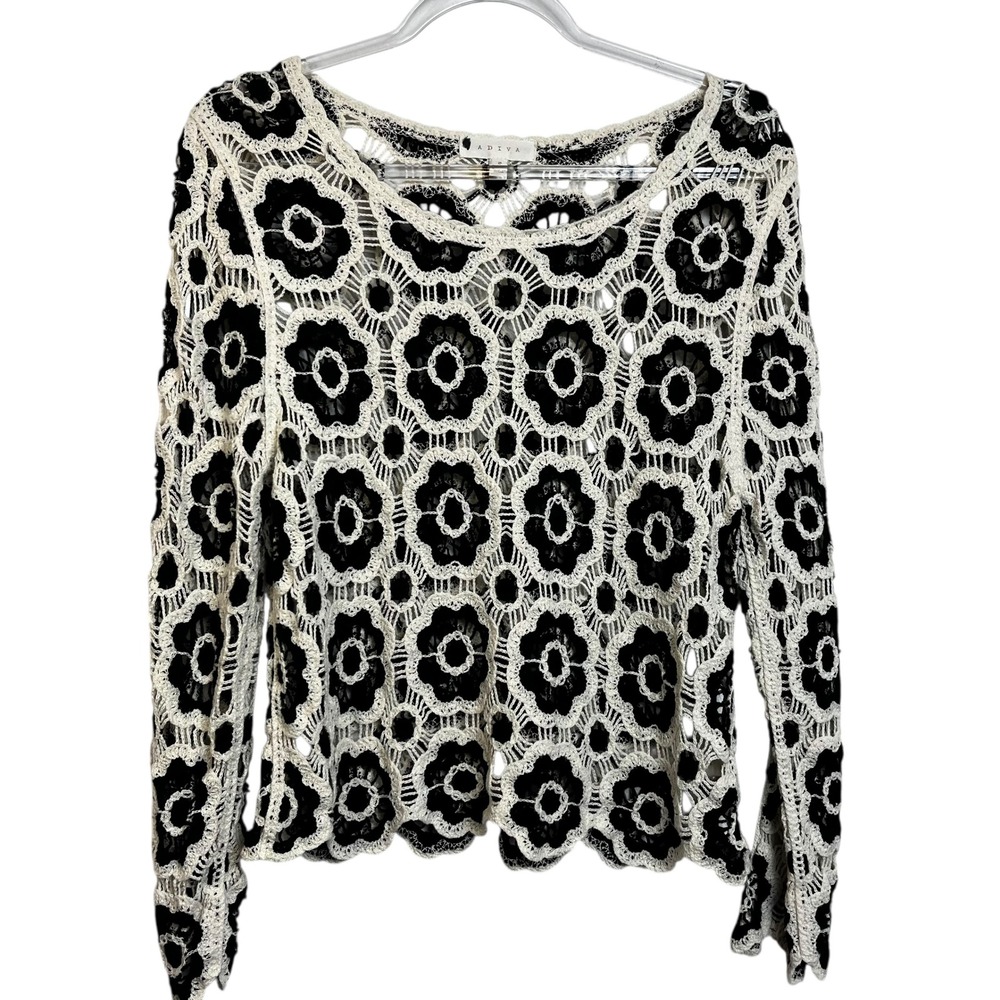 ADIVA Black White Floral Crochet Granny Square Long Sleeve Sweater‎ Boho S - Picture 2 of 7